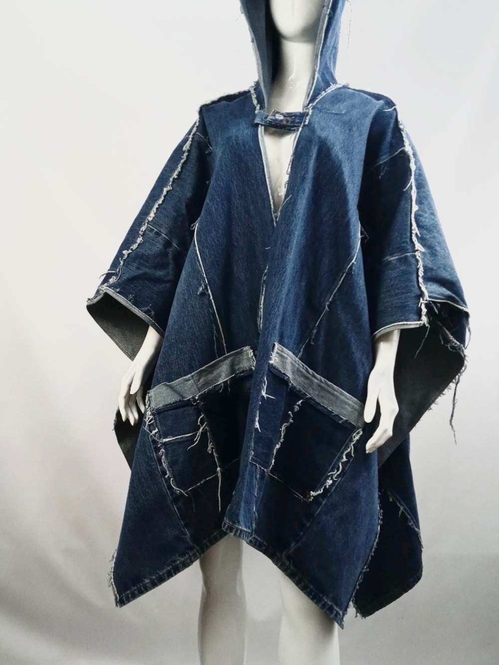 Denim Patchwork Festival Poncho Boho Hippie Wearable Art With Pockets OSFM